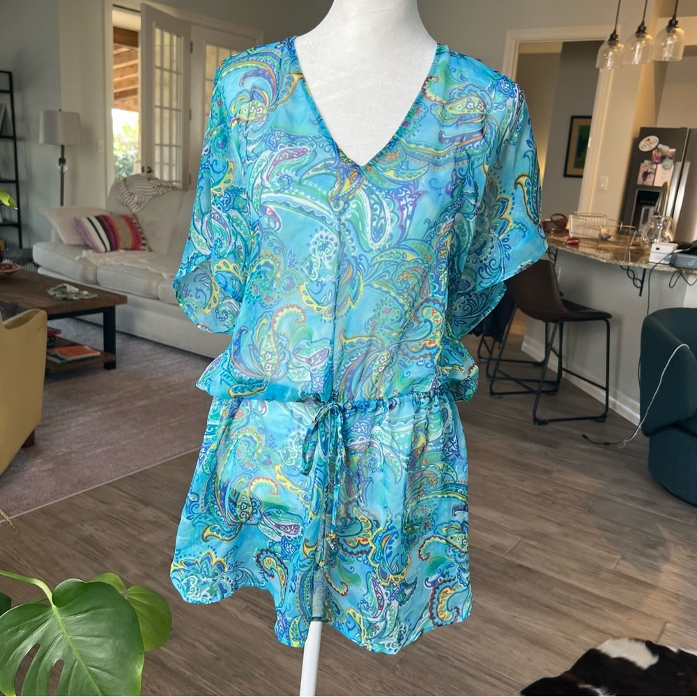 Lauren Ralph Lauren Sheer Blue/Green Paisley Swim Cover-Up Boho Dress Sz Medium - Picture 7 of 10
